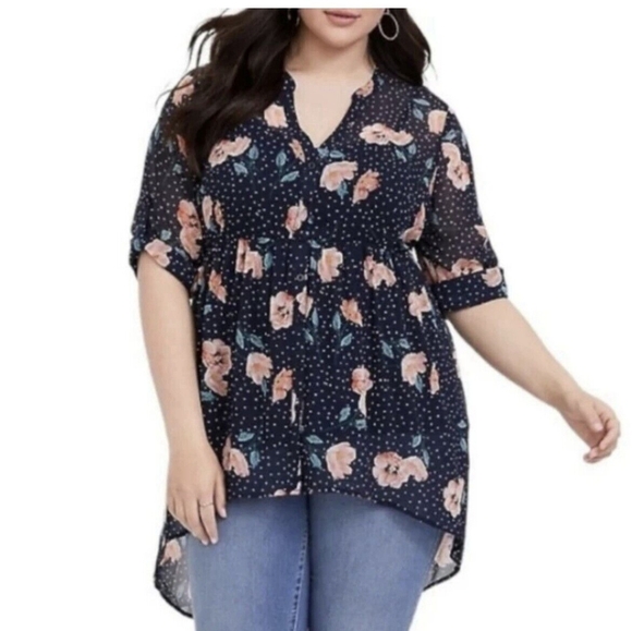 Torrid Outlander Lexie Floral Chiffon Babydoll Tunic, Color Navy/Floral Size 4X - Picture 1 of 15